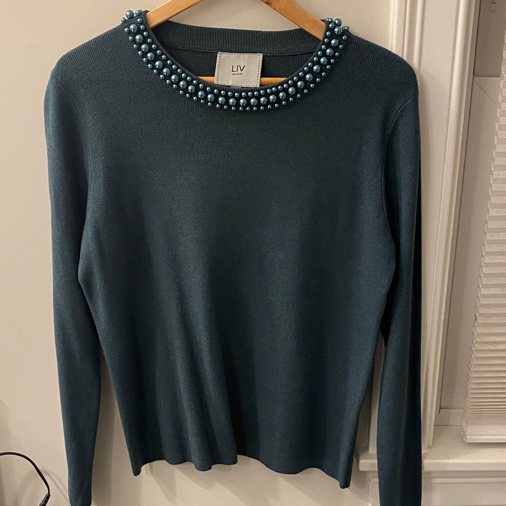NWOT DARK Teal Sweater with Pearl Embellished Collar